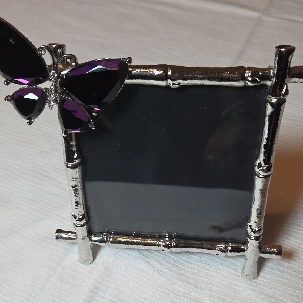 Silver Bamboo Frame with Purple Butterfly Accent 4x4. - Picture 3 of 5